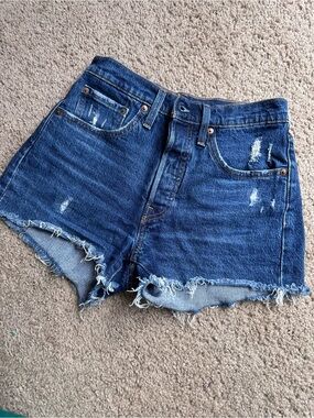 Levi's Dark Blue Distressed High-Rise Denim Shorts 501
